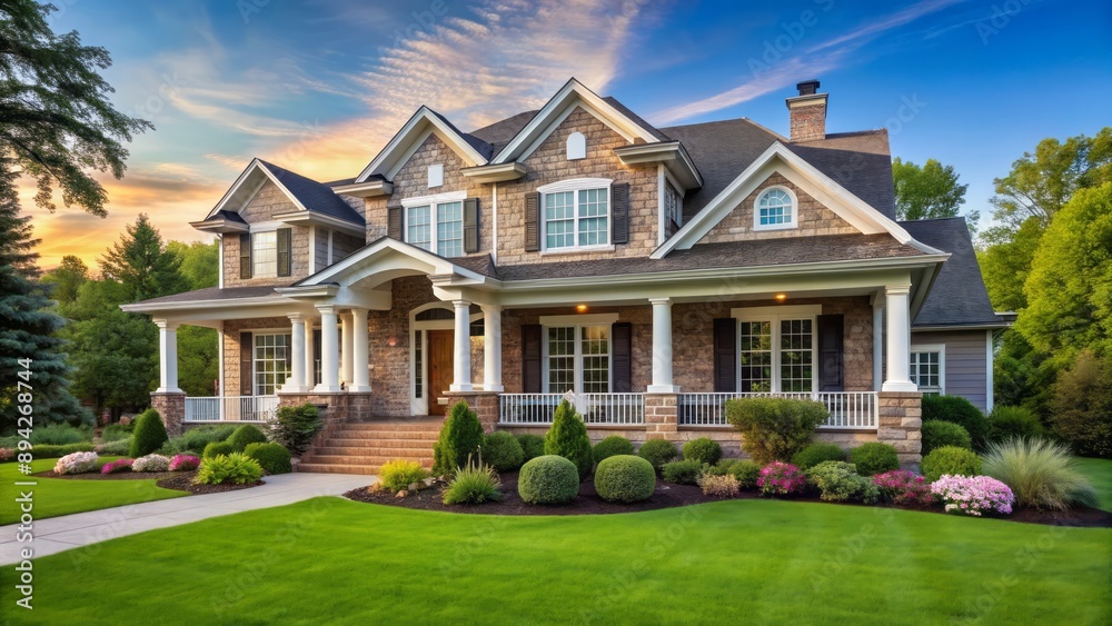 Beautiful large suburban residence featuring stone columns, wide porch, manicured lawn, and impeccable landscaping amidst serene surroundings. Beautiful large suburban residence featuring stone columns, wide porch, manicured lawn, and impeccable landscaping amidst serene surroundings.