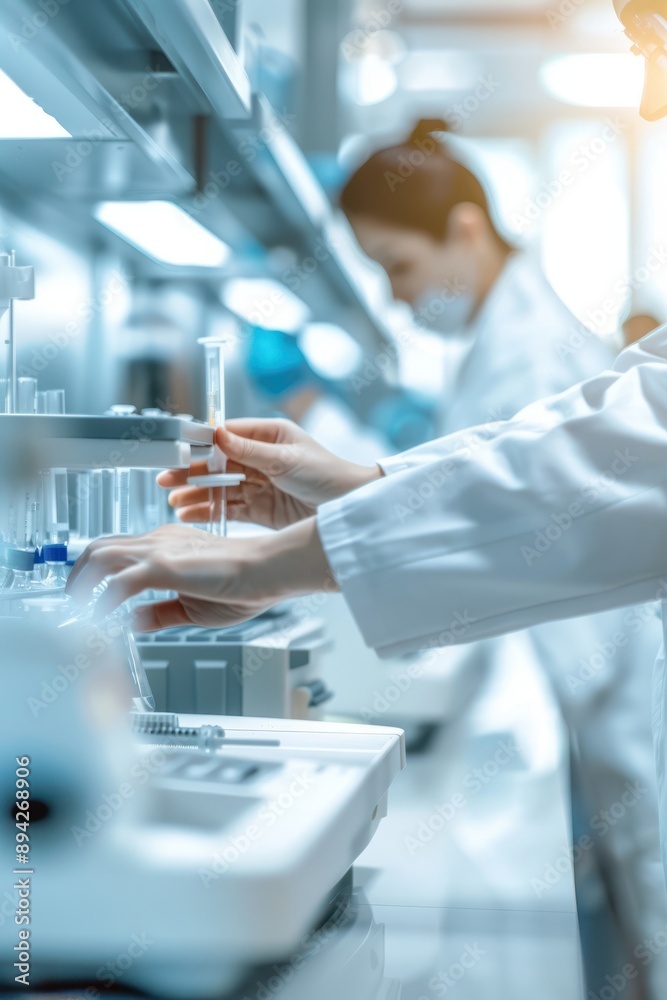 Scientist working in lab with test tubes, focus on hands and equ Scientist working in lab with test tubes, focus on hands and equ