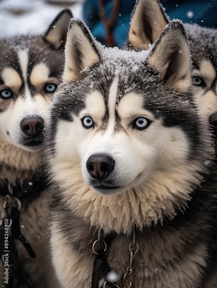 Obraz premium Two Huskie puppies with blue eyes and thick winter coats, wearing sled harnesses, enjoying a snowy day together.