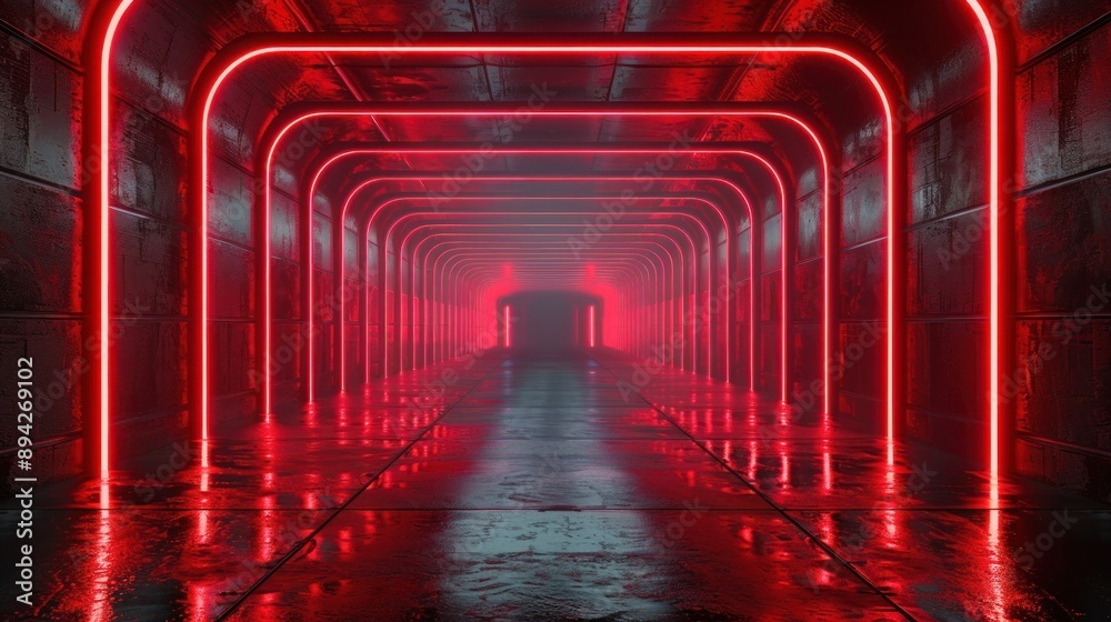 Abstract futuristic square tunnel with red neon lines, 3D render, design space Abstract futuristic square tunnel with red neon lines, 3D render, design space