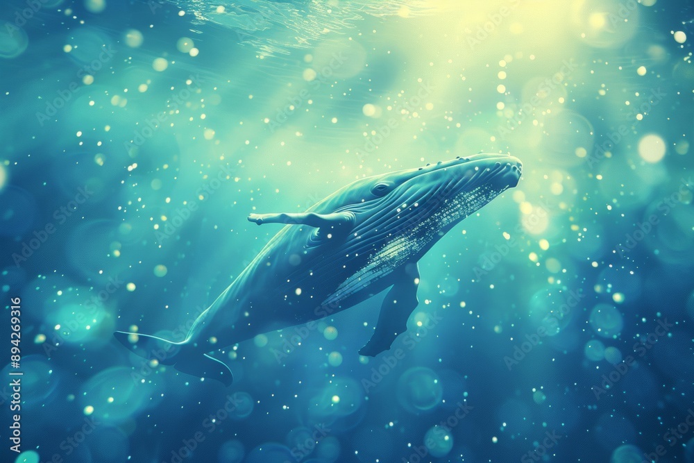 Naklejka premium Majestic Whale in Illuminated Underwater Wonderland
