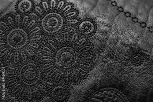 Soft focus close up detail of  thread embroidery floral design on black genuine leather, abstract textured detailed backdrop
