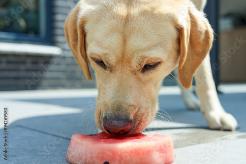 Enjoying a piece of frozen melon. Blonde Labrador Retriever.