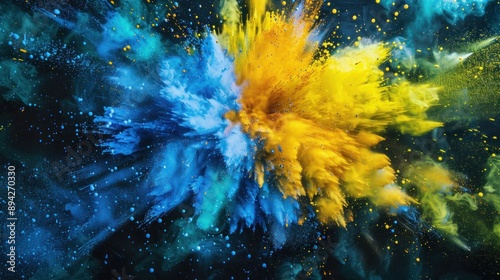 Abstract explosion of bright blue and yellow dust in air