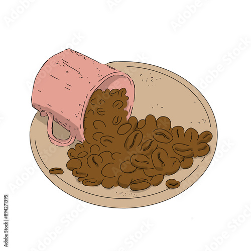 Overturned cup with coffee beans on saucer color illustration photo