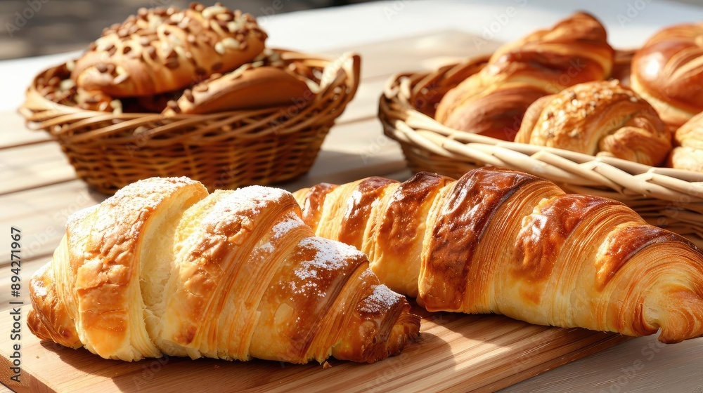 Assorted freshly baked pastries including croissants and bread rolls in wicker baskets, ideal for breakfast or bakery-related concepts. Assorted freshly baked pastries including croissants and bread rolls in wicker baskets, ideal for breakfast or bakery-related concepts.