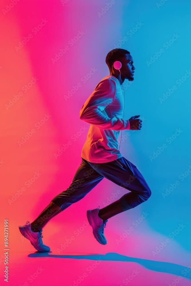 Obraz premium Athlete jogging with a fitness vibe, wearing headphones and workout gear in a brightly colored environment.