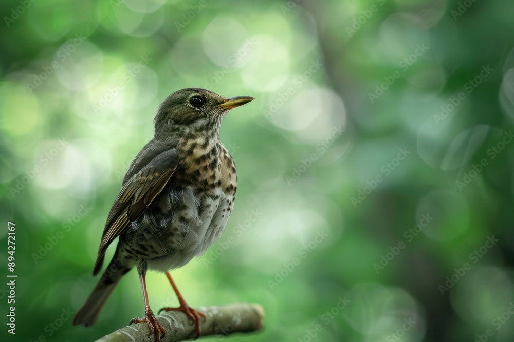 Bird perched on branch with green bokeh background Bird perched on branch with green bokeh background