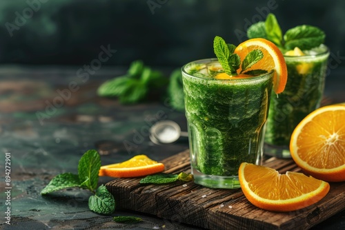 Green Smoothie with Orange and Mint Garnish