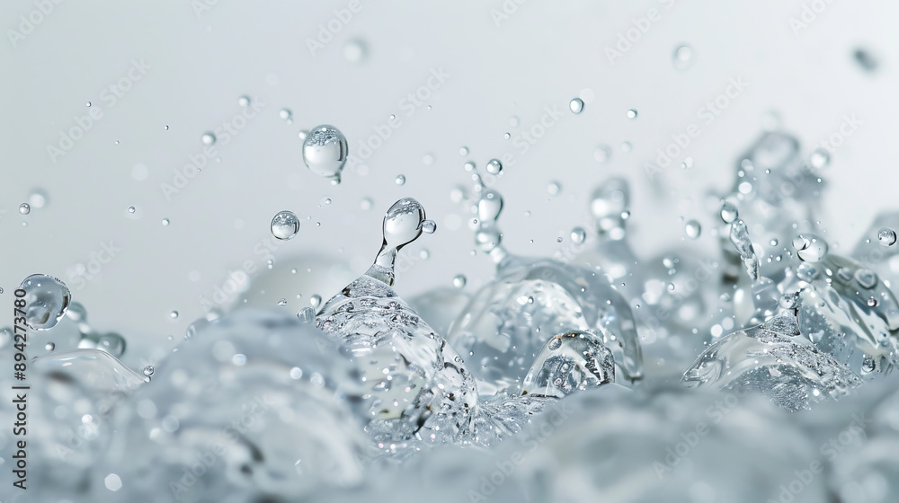Clear drops of water frozen in mid-air against a white backdrop.