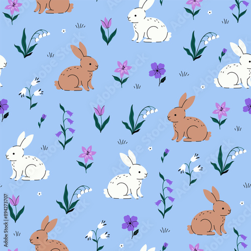 Seamless pattern with cute bunnies and flowers. Vector graphics