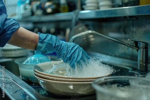 Cleaning up after a meal, kitchen worker wears gloves to protect hands while washing dishes.