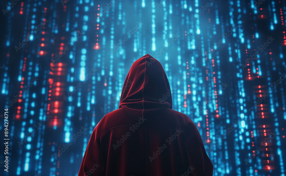 Person in a red hoodie facing a digital screen with cascading binary code. Person in a red hoodie facing a digital screen with cascading binary code.