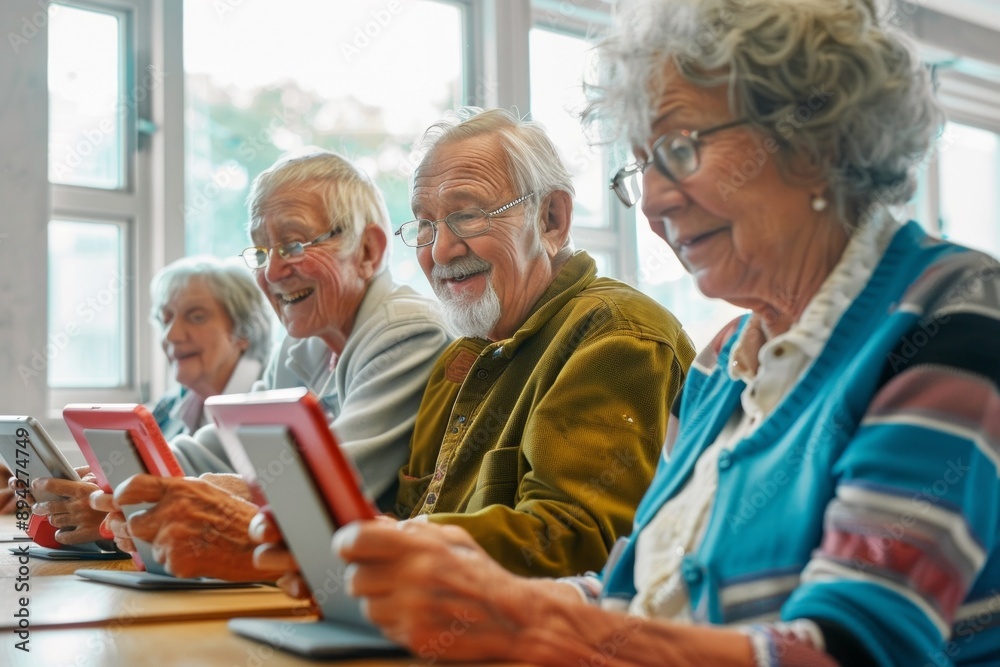 A group of elderly individuals, consisting of two men and two women of European descent, engage in a digital learning session. Each person holds a tablet, focused on the screens, with expressions of e A group of elderly individuals, consisting of two men and two women of European descent, engage in a digital learning session. Each person holds a tablet, focused on the screens, with expressions of e