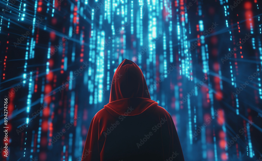Person in a red hoodie facing a digital screen with cascading binary code. Person in a red hoodie facing a digital screen with cascading binary code.