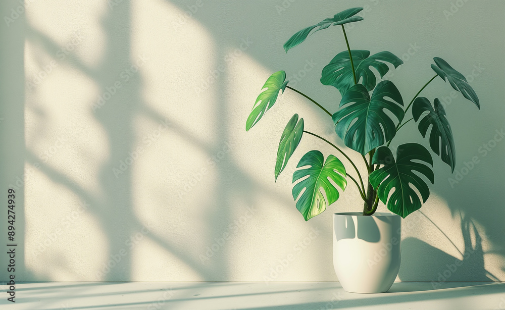 A Monstera plant in a white pot casting shadows on a white wall in a bright, minimalist room. A Monstera plant in a white pot casting shadows on a white wall in a bright, minimalist room.