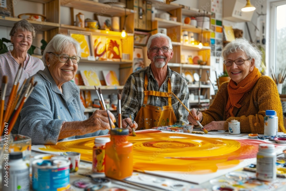 A group of elderly individuals engage in a joyful art class, painting together with bright colors. The group includes three women and one man, all of European descent.