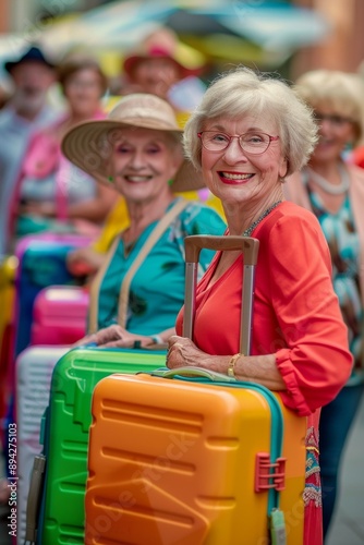Group of five elderly women at an airport, each dressed in colorful clothing and holding vibrant luggage, suggesting the concept of travel and adventure for seniors. The women, of European descent, 