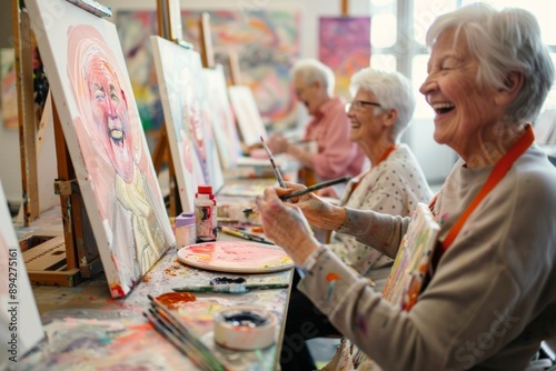 Seniors engaging in a lively painting class, a group of elderly people of European descent creating artwork on canvases. senior creativity, art therapy, painting workshop, elderly engagement, Concept: