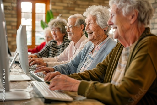 Elderly people learning technology in a classroom setting, featuring five older adults of European descent using laptops. Concept: senior education, technology learning, digital literacy, elderly