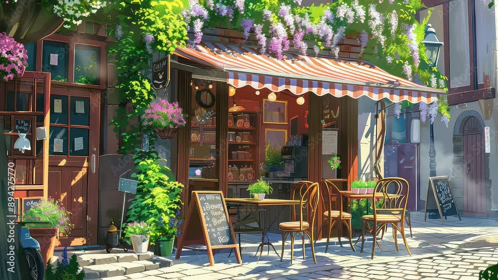 Animation Charming outdoor café with rustic wooden furniture generated with ai