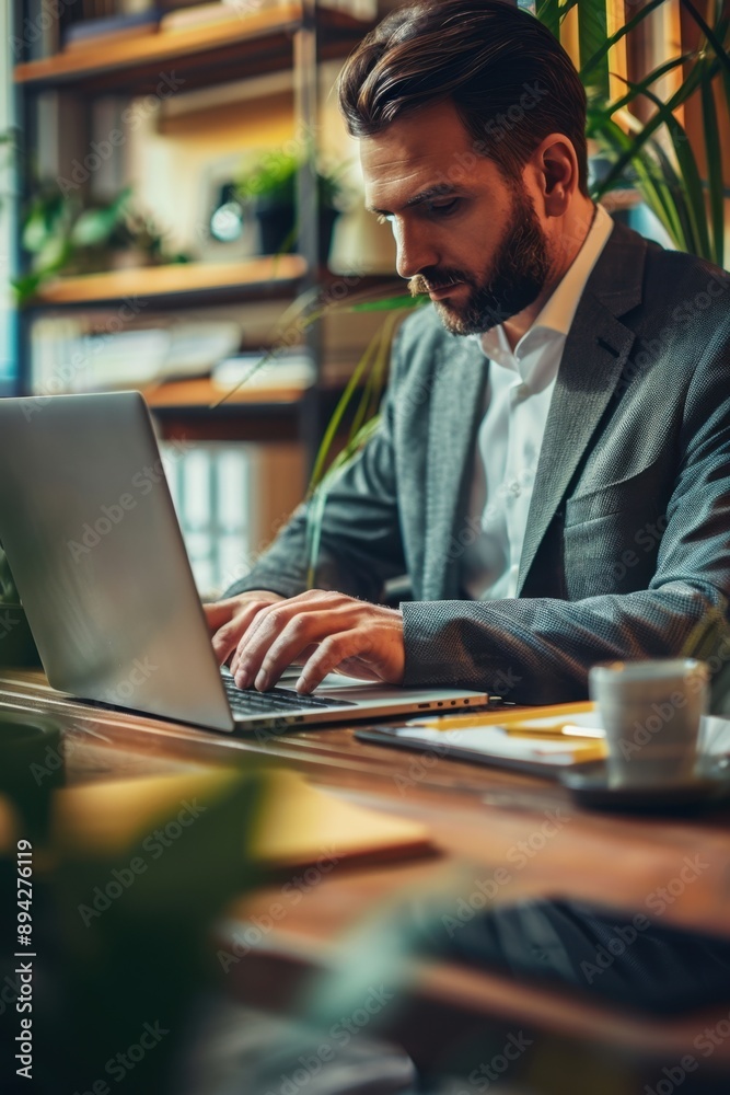 Man in suit using computer indoors. Man in suit using computer indoors.