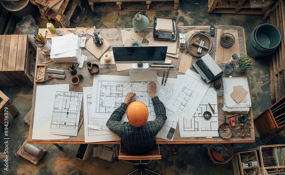Top view of an architect working on blueprints at a cluttered desk. Top view of an architect working on blueprints at a cluttered desk.