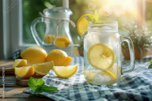 Refreshing Lemonade with Lemon Slices and Mint