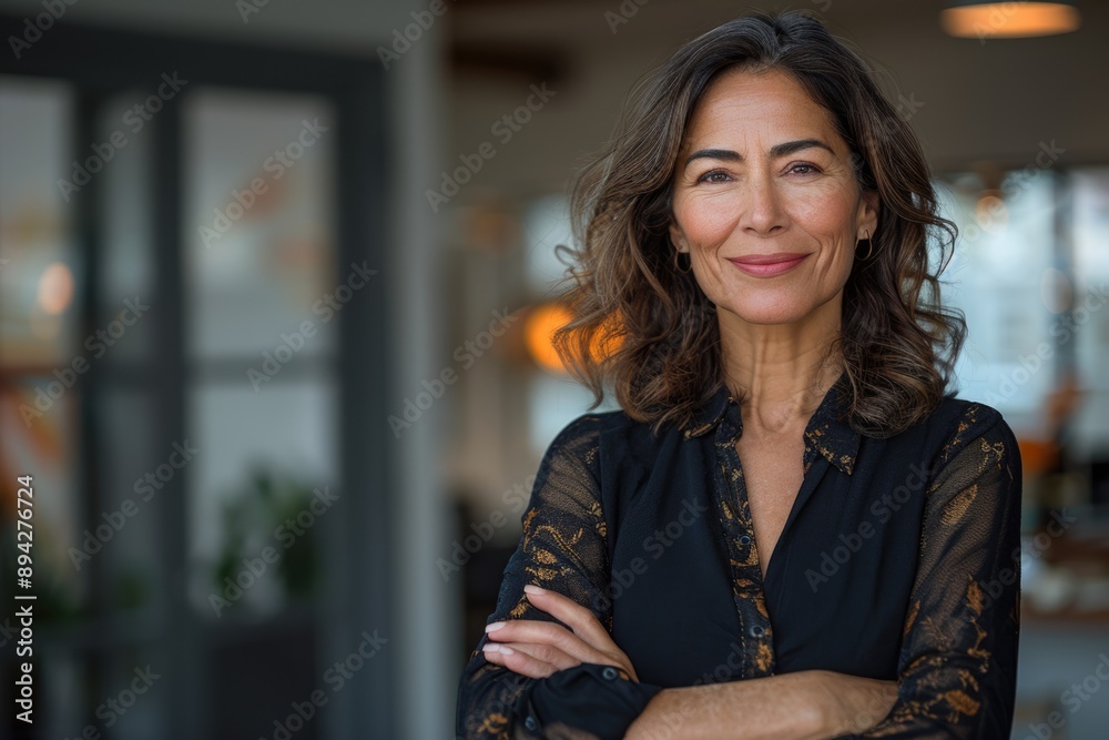 Confident Hispanic senior businesswoman smiling in office. Confident Hispanic senior businesswoman smiling in office.