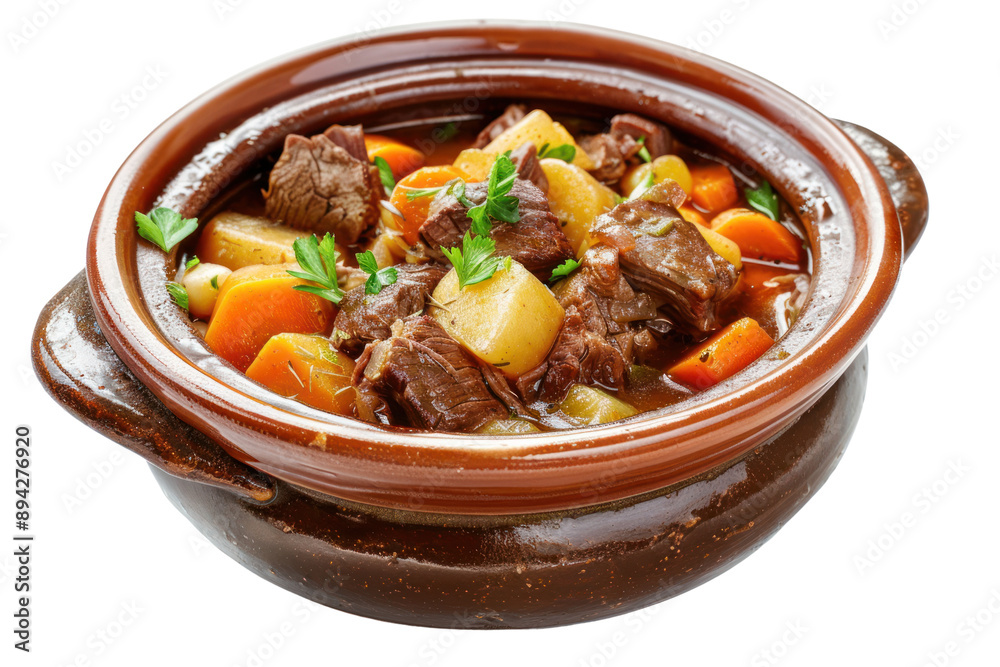 A hearty beef stew filled with tender meat, vegetables, and a rich, flavorful broth. Isolated on white background. A hearty beef stew filled with tender meat, vegetables, and a rich, flavorful broth. Isolated on white background.