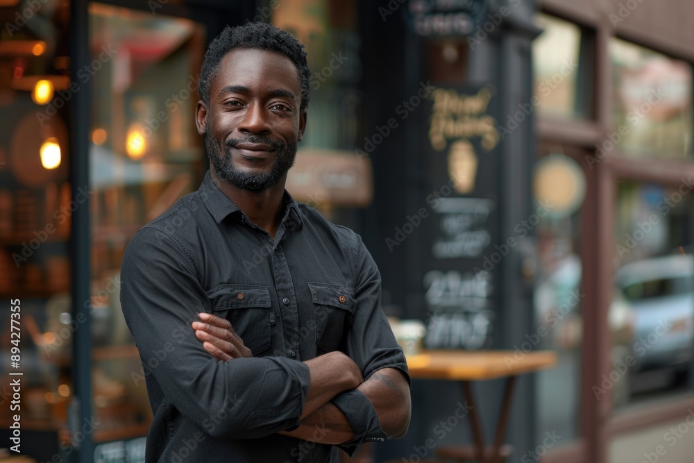 Black male business owner standing outside coffee shop Black male business owner standing outside coffee shop