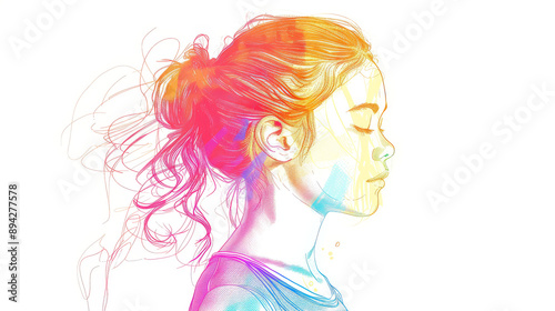 Colorful outline of a young girl on a white backdrop. Design for an idea