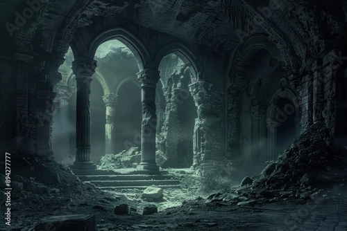 Ancient castle ruins with stone pillars and staircases lie in disrepair and shrouded in mist