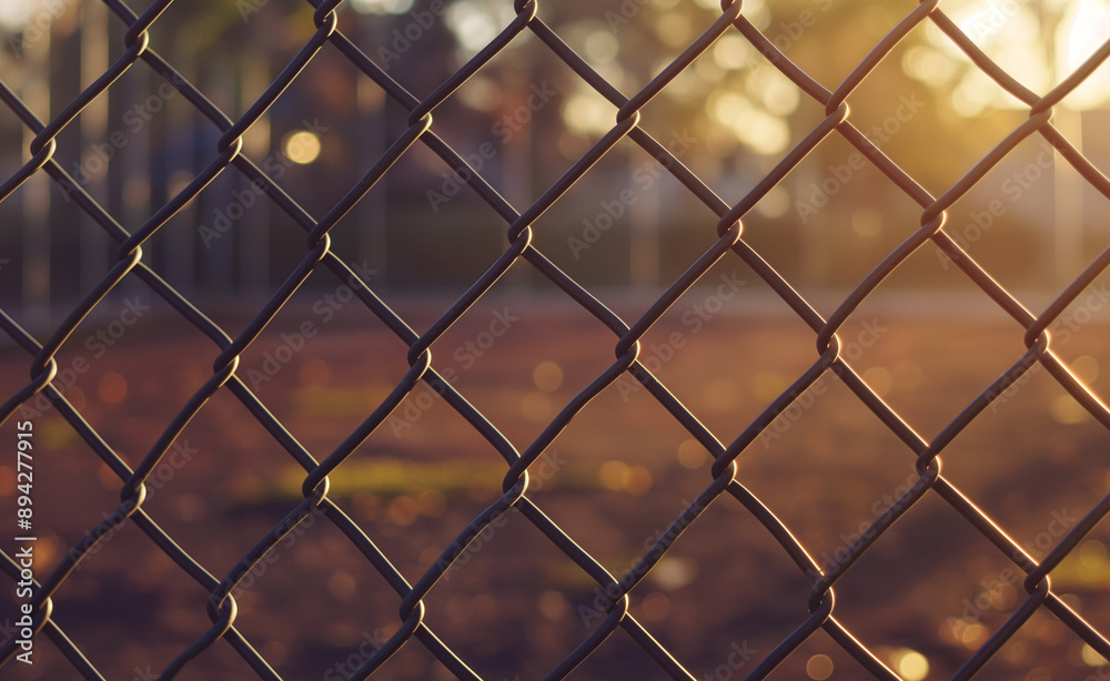 Fototapeta premium Blurred chain-link fence with bokeh background at sunset.