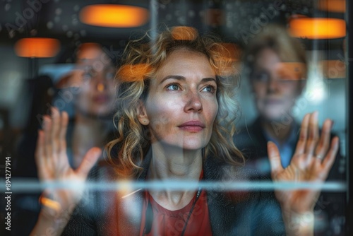 Businesswoman and employees talking behind windowpane in office