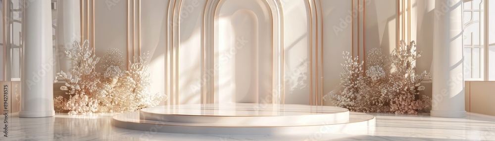 Blank product podium in a grand ballroom, elegant theme, luxury and sophistication Blank product podium in a grand ballroom, elegant theme, luxury and sophistication
