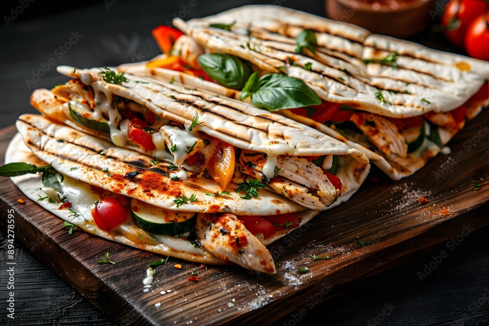 Grilled chicken wraps with fresh veggies and flavorful sauce on a wooden platter Grilled chicken wraps with fresh veggies and flavorful sauce on a wooden platter
