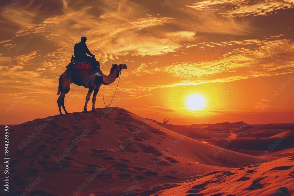 Silhouette of camel and rider against sunset in desert Silhouette of camel and rider against sunset in desert