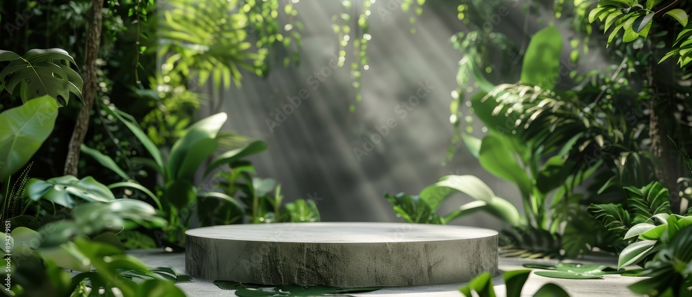 Blank product podium surrounded by lush greenery, nature theme, eco-friendly display Blank product podium surrounded by lush greenery, nature theme, eco-friendly display