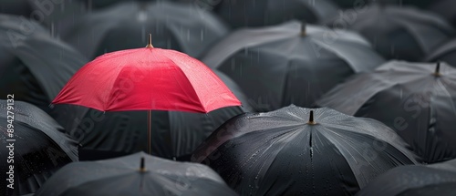 Black umbrellas in the rain, one red umbrella capturing attention, Daring to be different, Innovative distinction