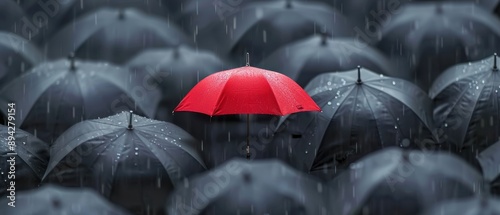 Black umbrellas in the rain, one red umbrella capturing attention, Daring to be different, Innovative distinction