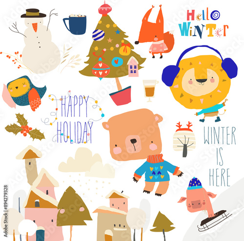Winter set with Cute Animals and Holiday Elements. Vector illustration