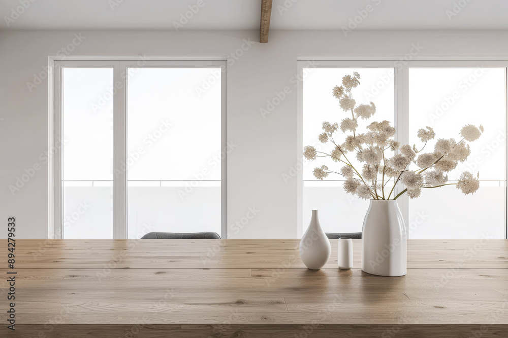 Dining room interiors with a dinning table next to a large window in neutral colors. Residential interiors design composition, home decor image. Dining room interiors with a dinning table next to a large window in neutral colors. Residential interiors design composition, home decor image.