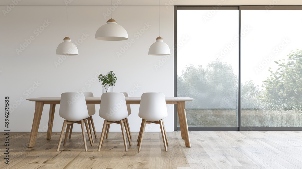 Dining room interiors with a dinning table next to a large window in neutral colors. Residential interiors design composition, home decor image. Dining room interiors with a dinning table next to a large window in neutral colors. Residential interiors design composition, home decor image.