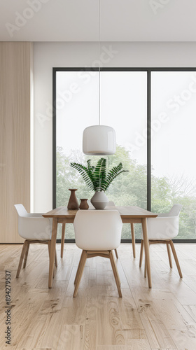 Dining room interiors with a dinning table next to a large window in neutral colors. Residential interiors design composition, home decor image.