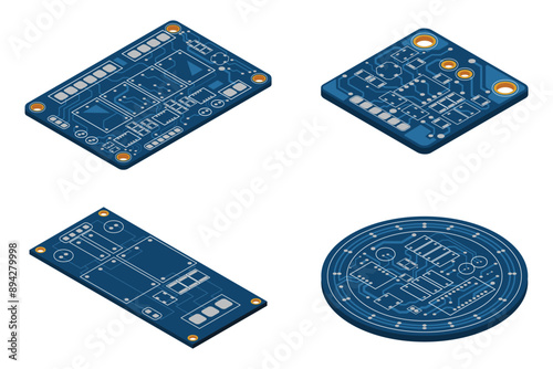 Set of isometric electronic board. Isometric printed circuit board. Integrated circuit board. Vector illustration