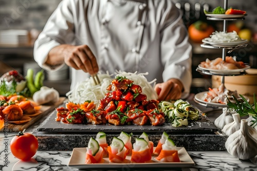 Master chef preparing a high-end sushi platter with fresh ingredients in a gourmet kitchen.