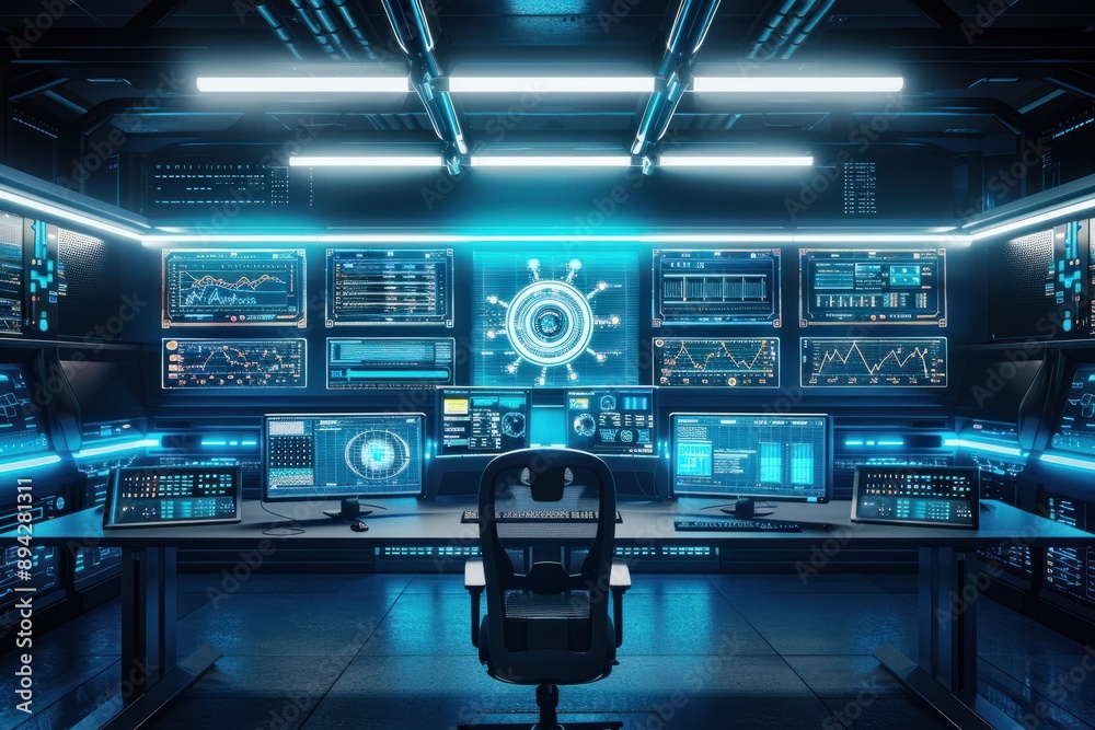 Futuristic control room with advanced holographic displays and n Futuristic control room with advanced holographic displays and n