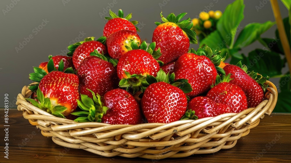 A basket filled with fresh, juicy strawberries on a wooden table with green leaves in the background. Perfect for summer fruit themes. A basket filled with fresh, juicy strawberries on a wooden table with green leaves in the background. Perfect for summer fruit themes.