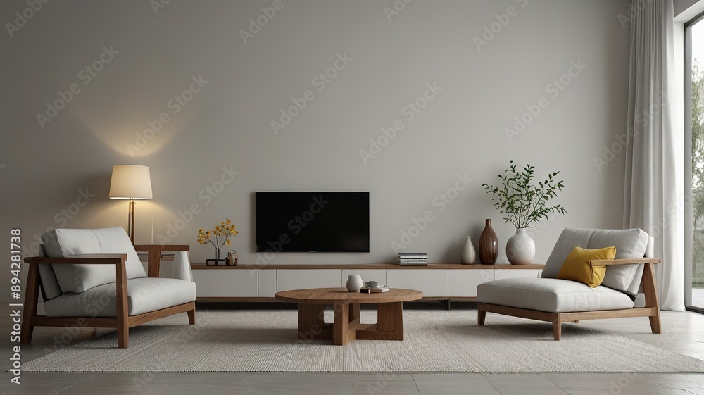 Aesthetic bright sunny elegant home living room interior design with comfortable lounge chair, hat, side table, flowers bouquet, shelf with decorations. interior design